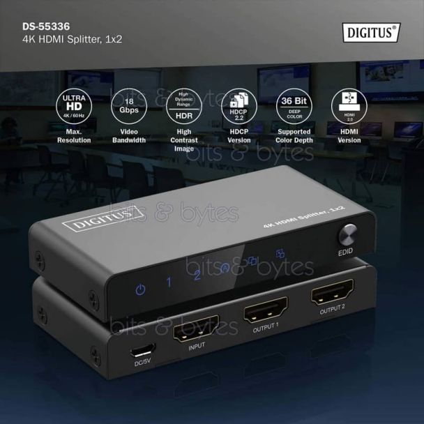 Digitus DS-55336 - 2 Port 4K HDMI Splitter - 1 Input <> 2 Output DS-55336 4016032495574